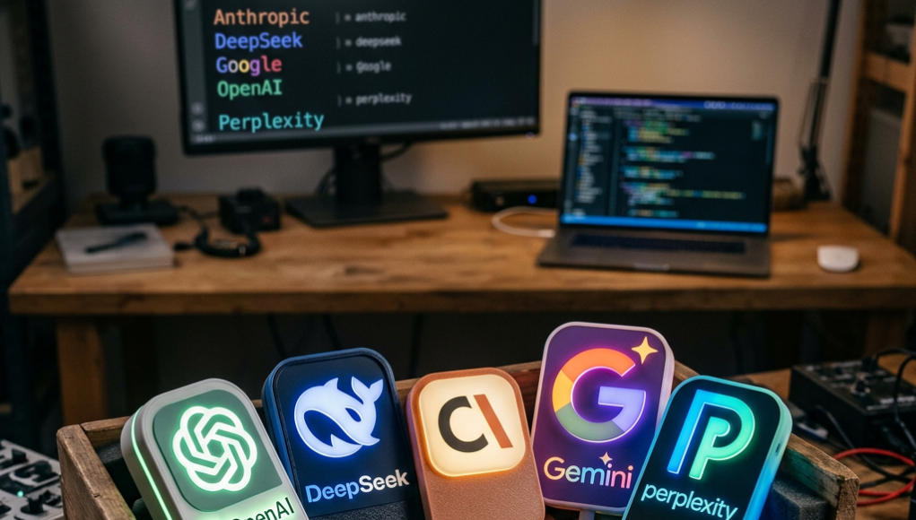 Popular AI model logos in wooden box Wooden crate with glowing AI platform logos including OpenAI, DeepSeek, Claude, Gemini, and Perplexity