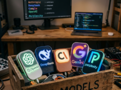 AI CHATBOTS AREN’T GOING ANYWHERE WHY IS EVERYONE OBSESSED? Wooden crate with glowing AI platform logos including OpenAI, DeepSeek, Claude, Gemini, and Perplexity
