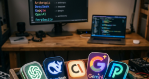 AI CHATBOTS AREN’T GOING ANYWHERE WHY IS EVERYONE OBSESSED? Wooden crate with glowing AI platform logos including OpenAI, DeepSeek, Claude, Gemini, and Perplexity