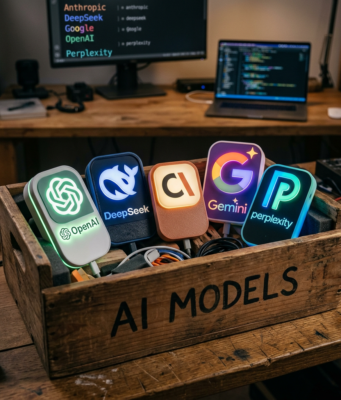 AI CHATBOTS AREN’T GOING ANYWHERE WHY IS EVERYONE OBSESSED? Wooden crate with glowing AI platform logos including OpenAI, DeepSeek, Claude, Gemini, and Perplexity
