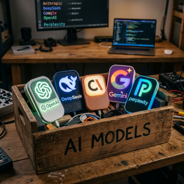 AI CHATBOTS AREN’T GOING ANYWHERE WHY IS EVERYONE OBSESSED? Wooden crate with glowing AI platform logos including OpenAI, DeepSeek, Claude, Gemini, and Perplexity