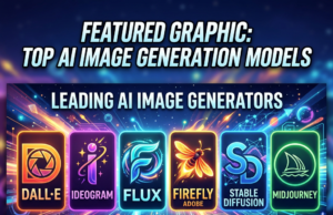 IMAGE GENERATION FOR MY SOCIAL MEDIA POSTS HAS BEEN STRESS FREE LATELY. Logos of leading AI image generators including DALL·E, Ideogram, Flux, Adobe Firefly, Stable Diffusion, and Midjourney