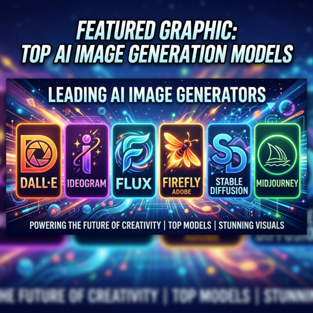 IMAGE GENERATION FOR MY SOCIAL MEDIA POSTS HAS BEEN STRESS FREE LATELY. Logos of leading AI image generators including DALL·E, Ideogram, Flux, Adobe Firefly, Stable Diffusion, and Midjourney