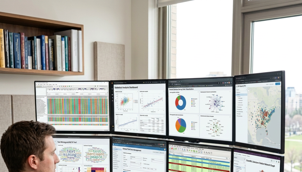 Person using six monitor screens showing programming code, data analytics, spreadsheets, and communication tools in an office