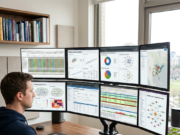 THESE RESEARCH TOOLS MAKE LIFE SO MUCH EASIER Person using six monitor screens showing programming code, data analytics, spreadsheets, and communication tools in an office
