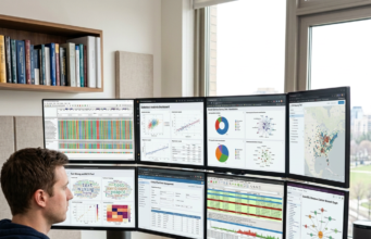 THESE RESEARCH TOOLS MAKE LIFE SO MUCH EASIER Person using six monitor screens showing programming code, data analytics, spreadsheets, and communication tools in an office