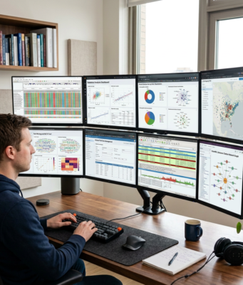 THESE RESEARCH TOOLS MAKE LIFE SO MUCH EASIER Person using six monitor screens showing programming code, data analytics, spreadsheets, and communication tools in an office