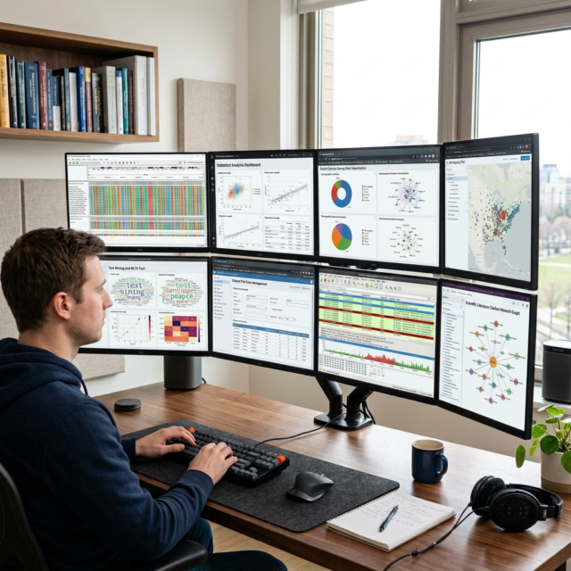 THESE RESEARCH TOOLS MAKE LIFE SO MUCH EASIER Person using six monitor screens showing programming code, data analytics, spreadsheets, and communication tools in an office